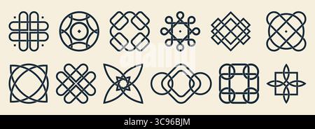 Traditional patterns with celtic designs and irish knot motifs for heritage branding and cultural projects. Interwoven geometric shapes form circles, squares and crosses. Ornamental elements set. Stock Vector