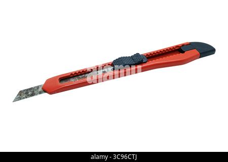 closeup dirty stain rusty old red small size hand cutter tool isolated on white background, grunge of rust knife Stock Photo