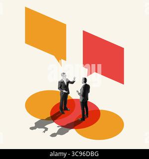Digital artwork of two businessmen discussing under overlapping orange and red speech bubbles Stock Photo