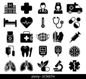 A versatile collection of black and white medical icons representing various aspects of healthcare, including professionals, equipment, and symbols. P Stock Vector