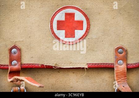 Vintage medical first aid jute army bag Stock Photo