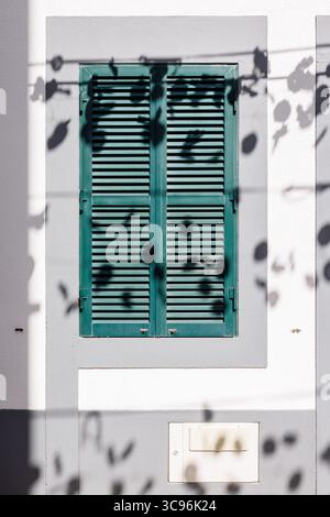 A window in a southern city is covered with green shutters, with shadows falling on it from street lights. High quality photo Stock Photo