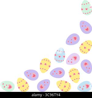 Hand Drawn Multicolored Easter Eggs With Heart Shape decor Corner Frame border Copy space Template. Isolated Vector Illustration Easter Greeting Themed Cards, poster, banner, leaflet, label, price tag Stock Vector