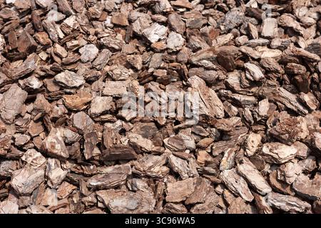 A close-up view showcases textured mulch, perfect for garden beds and landscaping. The natural wood chips create an organic background. Stock Photo