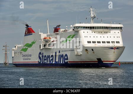 Baltic Sea, Germany - 11 July 2023: View of a large Stena Line ferry cutting through the Baltic sea, its white hull contrasting with the deep blue water and sky. Stock Photo