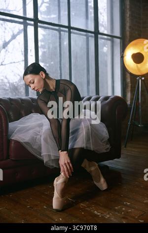 An elegant ballet dancer captured in a beautifully designed studio setting Stock Photo