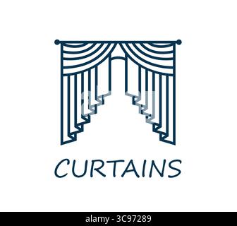 Opera, theater curtain icon or symbol. Theatrical art and cinema entertainment linear vector icon, home window blinds shop lineart sign. Opera concert stage curtains drapery outline symbol or emblem Stock Vector