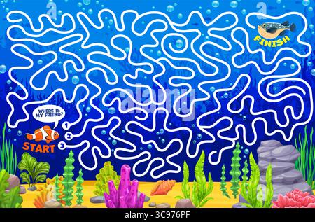 Labyrinth maze game worksheet, help to fish find her friend on the sea bottom. Pathfinder riddle, help find way game or labyrinth maze vector page with ocean or sea puffer and clown fishes characters Stock Vector