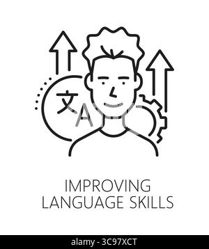 English language translation skills line icon or sign. Language translate outline vector symbol, English language dictionary pictogram. Vocabulary sign with young man character and up arrows Stock Vector