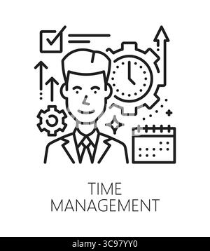 Time management life skills line icon or pictogram. Employee or worker time management ability lineart vector icon, life skills symbol. Personality quality sign with man character, clock and calendar Stock Vector