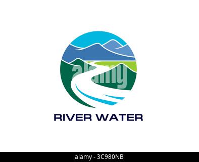 Mountain river water, road path icon or symbol. Company or brand vector sign with winding river water or rural road. Green hills and mountain range peaks on horizon travel agency round icon or symbol Stock Vector