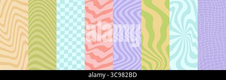 Groovy hippie psychedelic patterns. Retro funky vector backgrounds set with abstract geometric pattern of vintage pastel color waves and swirls, groovy checkered and grid optical illusion ornaments Stock Vector