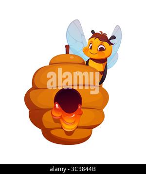 Cartoon honey bee character hovers beside a dripping honey filled beehive. Isolated vector cute and funny cheerful insect bug personage for children book, apiary production packaging or beekeeping Stock Vector