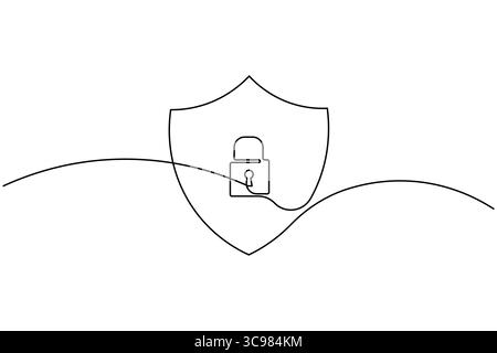 Continuous one line drawing of security shield with a padlock. Symbol for protection, privacy, and cybersecurity Stock Vector