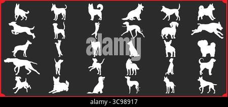 Collection of white dog silhouettes in various poses on a black background in a grid pattern Stock Vector