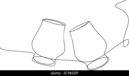 Continuous Line Drawing of Champagne Glasses Black Sketch on White Background. Two Glasses Simple One Line Drawing. Minimal Hand Draw Illustration. Stock Vector