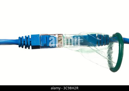Safe internet security surfing and connection concept. Blue twisted pair ethernet patch cords in green condom on white background isolated. Stock Photo