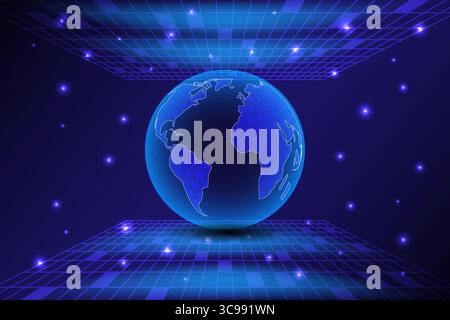 3D glowing digital globe floating in a virtual space with grid patterns and light effects, representing global technology and connectivity, vector ill Stock Vector