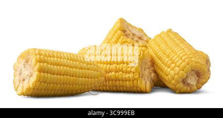 pile of half cracked corn or maize kernels isolated white background, bright yellow popular starchy vegetable for culinary preparations, top view Stock Photo