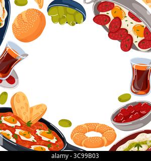 Colorful Turkish breakfast frame with tea, eggs, sausage, olives, simit, bread and vegetables on white background. Perfect for food design menu Stock Vector