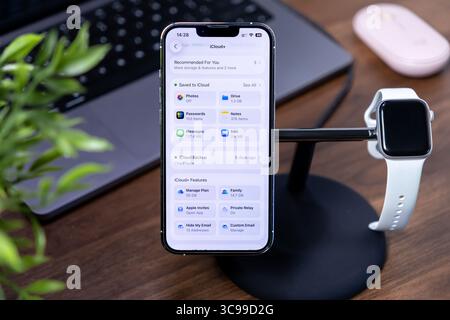 Poznan, Poland - July 29, 2025: iCloud application on iPhone screen, detailing cloud storage, digital data backup, and advanced privacy settings with Stock Photo