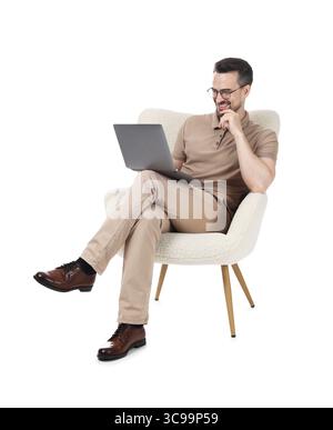 Professional psychologist having online consultation with his client via laptop on white background Stock Photo