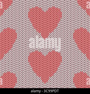 The Seamless pink knitted background with hearts. Stock Vector