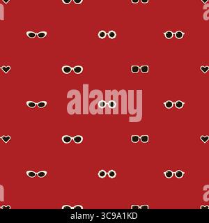 Minimal sunglasses seamless vector pattern with white retro frames on red background. Vector illustration Stock Vector