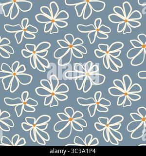 Playful daisy seamless vector pattern cream hand-drawn flowers and orange centers blue background. Vector illustration Stock Vector