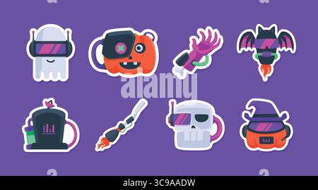 Halloween sticker bundle set illustration with cyborg style. Futuristic style Halloween clip art collection Stock Vector