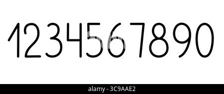 Numbers from zero to nine as a part of alphabet simple black line art vector illustration, calligraphic abc, cute funny decorative handwriting, handwritten numerals, maths symbols Stock Vector