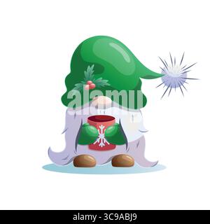 Christmas elf gnome holding warm drink in red cup, vector illustration Stock Vector