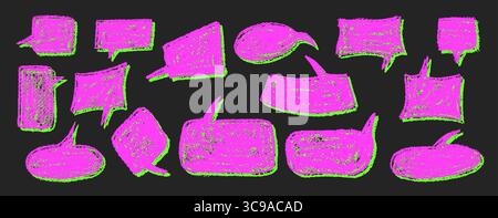 Vector set of quirky pink speech bubbles and clouds with green shadow. Wax and charcoal squiggle style on blackboard background, perfect for school or Stock Vector