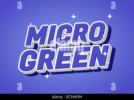 Stylized text reading MICRO GREEN in bold, three dimensional typography against a vibrant purple background with sparkling accents. Stock Vector