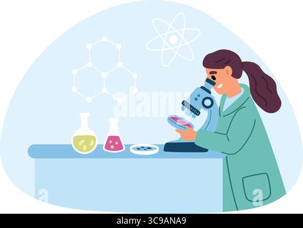 Young female lab technician looks through microscope. Scientist in doing chemical research. Chemical beaker. Woman chemist in laboratory. Scientific e Stock Vector