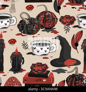 Spooky Halloween seamless pattern with black and red candles, warty pumpkins, witch hat and gloves, witchcraft books and amanita mushrooms. Scary Stock Vector