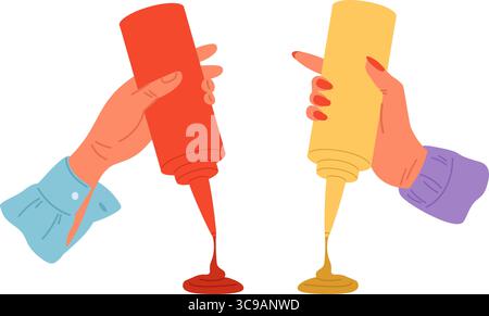 Womans hand holds plastic sauce bottle and squeezes out mustard and ketchup. Arms holding dispenser for mayonnaise and chili salsa. Food container. Sp Stock Vector
