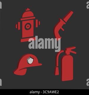 Red silhouette icons of a fire hydrant, hose nozzle, firefighter helmet, and fire extinguisher on dark background. Stock Vector