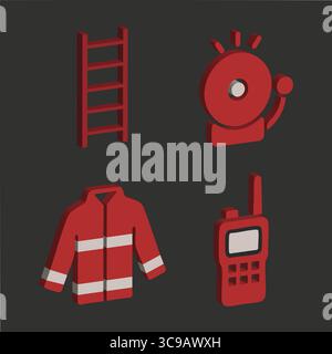 Dark-mode icons of a ladder, bell alarm, fire truck, and firefighter axe in red outline. Stock Vector