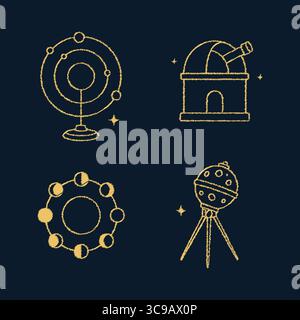 Golden line art icons of a celestial globe, an observatory dome, a star map scroll, binoculars, an orbital diagram, and a tabletop telescope on a navy Stock Vector