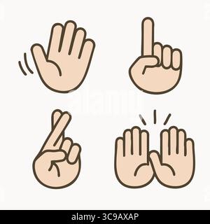 Simple line icons of a waving hand, index finger up, crossed fingers, and clapping hands. Stock Vector