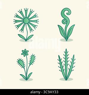Six green silhouette icons featuring a dandelion seed head, a curled fiddlehead fern, tall grass blades, and assorted leafy shoots. Stock Vector