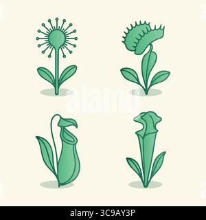 Green illustrations of two Venus flytrap traps and two different pitcher plant pitchers in stylized botanical form. Stock Vector