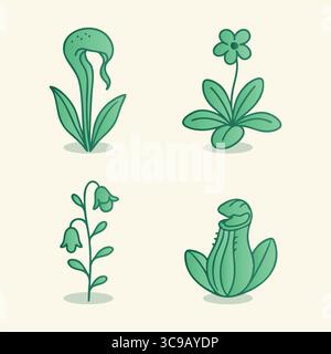 Six green silhouette icons of a lily pad plant, a four-leaf clover, a simple fern sprout, and three additional leafy shoots. Stock Vector