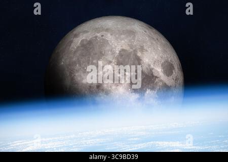 Earth surface and Moon globe in deep space. Moon surface with craters. Planetary Moon. Elements of this image furnished by NASA Stock Photo