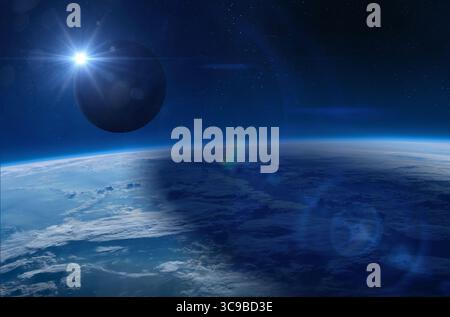 Solar Eclipse. Earth, Moon and Solar Eclipse. Exoplanet and moon in dark open space. Elements of this image furnished by NASA. Stock Photo