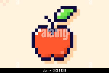 One red apple with green leaf. Design element drawn in pixel art 8 bit style. Stock Vector