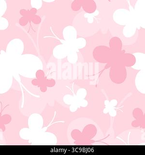 Butterfly seamless pattern. Repeating cute butterflys. Pink background. Buterfly patern. Butterflies print. Repeated flowers design. Baby girl textile Stock Vector
