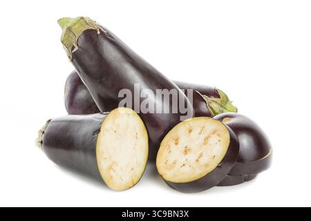 Sliced eggplants close up isolated on white background Stock Photo