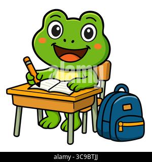Adorable cartoon frog student sitting at a school desk, writing in a notebook. Colorful vector for back to school, education, kids learning, books, and classroom design elements... Stock Vector